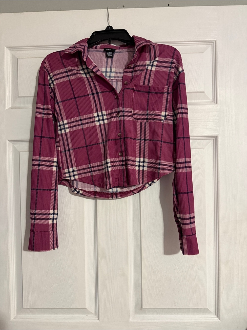 Purple and Navy Plaid Button-Up Cropped Shirt size XS